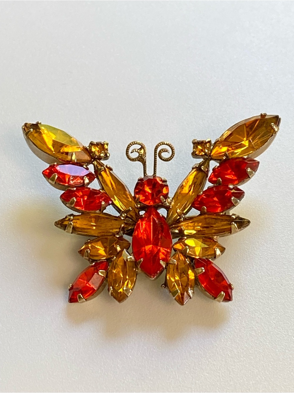 Verified D&E/Juliana Crystal Butterfly Brooch | Amber and Orange | Gold Tone